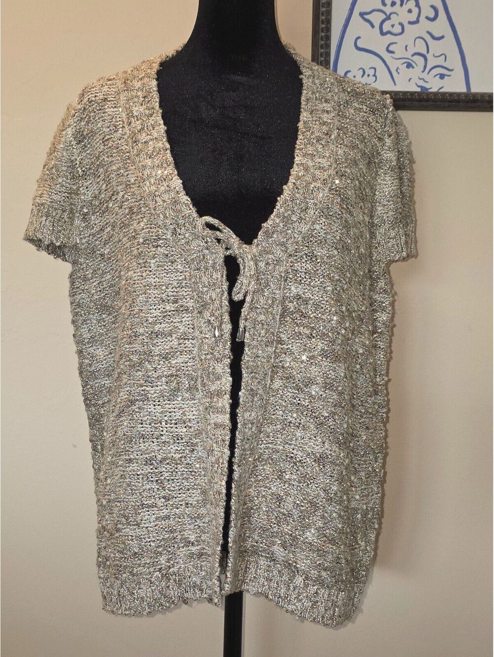 Mary McFadden Collection Women's XL Short Sleeve Knit Cardigan with Metallic Acc
